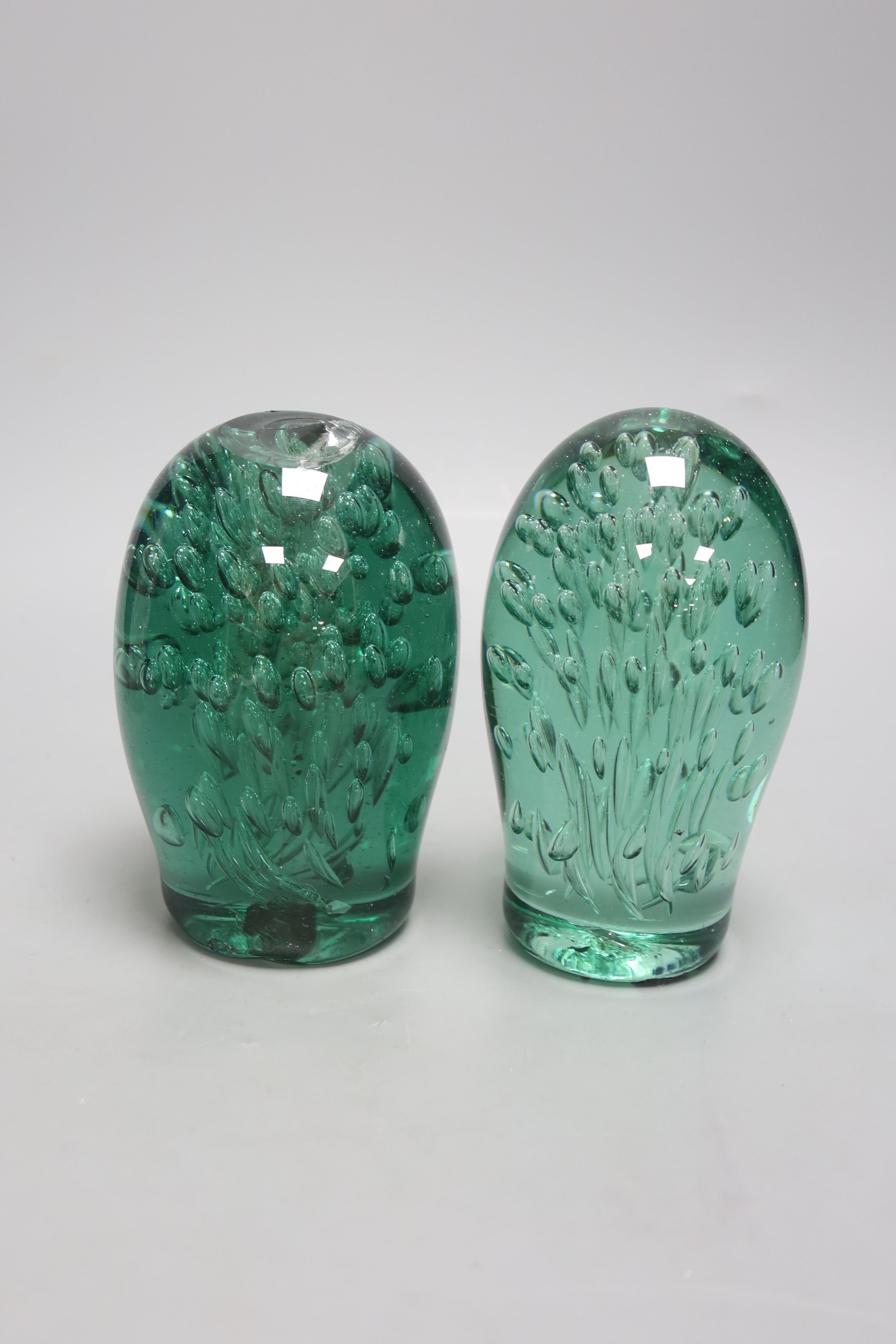 Two green glass dumps, a heavy cut glass bowl and a decanter